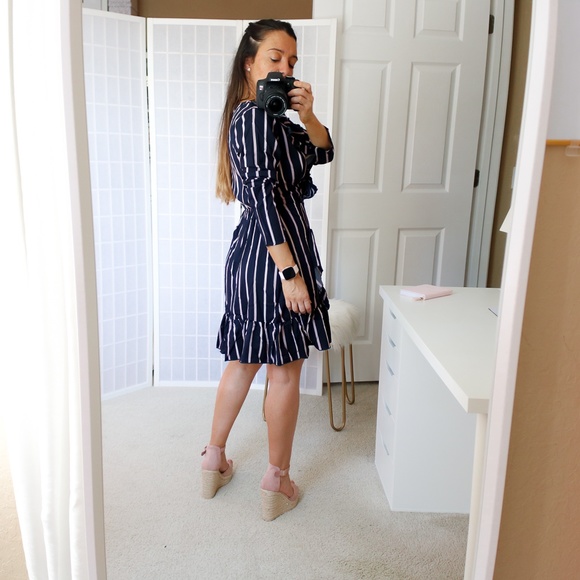 Blue Striped Fit and Flare Ruffle Wrap Dress - Picture 11 of 15